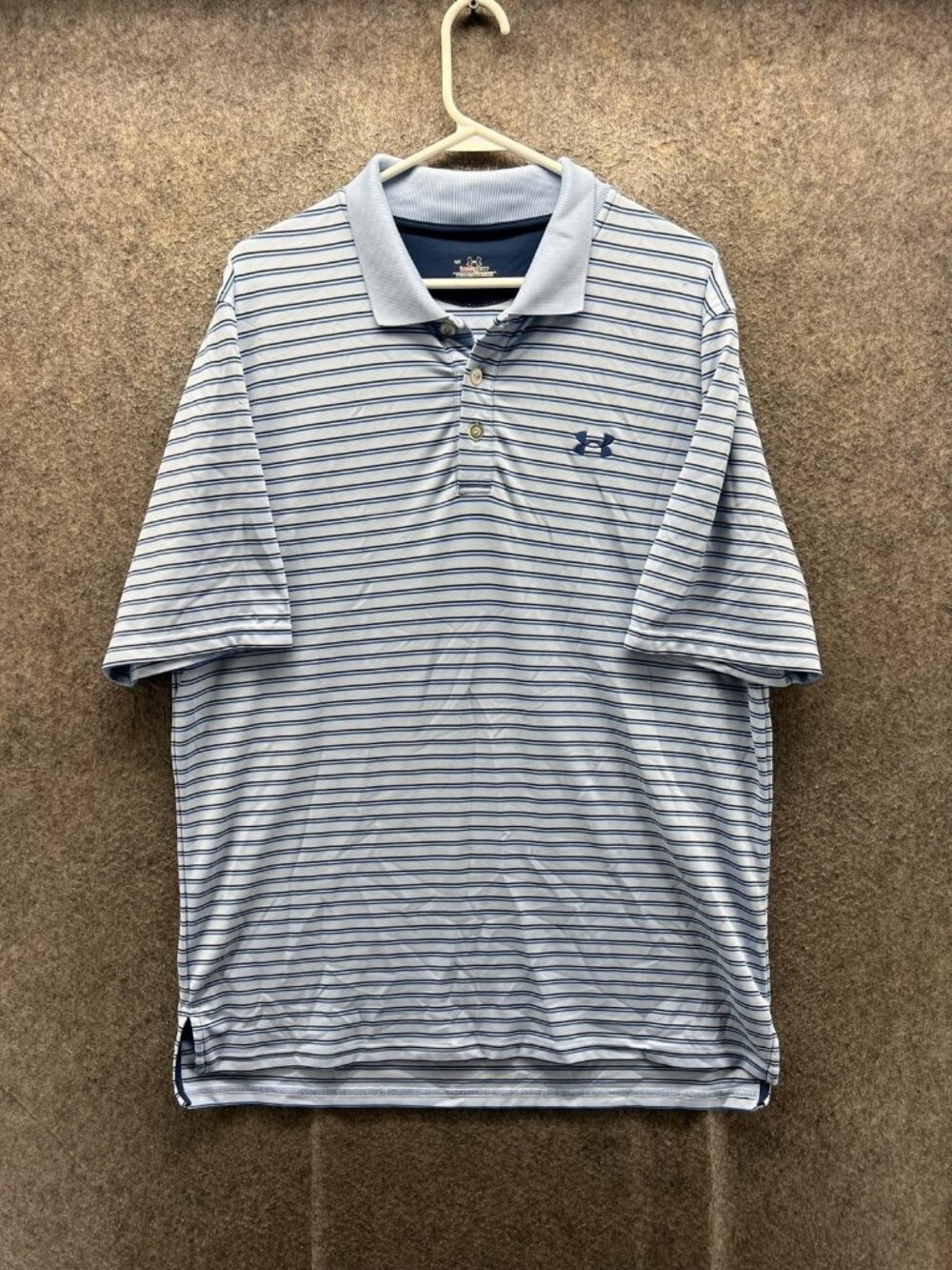 Under Armour Polo Shirt Men Large Blue Striped HeatGear Golf Performance Stretch